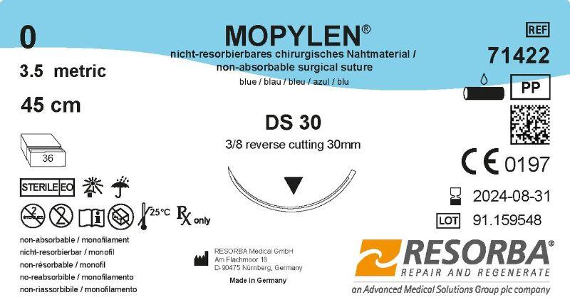 Мопілен USP 2-0 синій, довжина 45см, зворотньо-ріжуча голка 30 мм, 3/8 кола